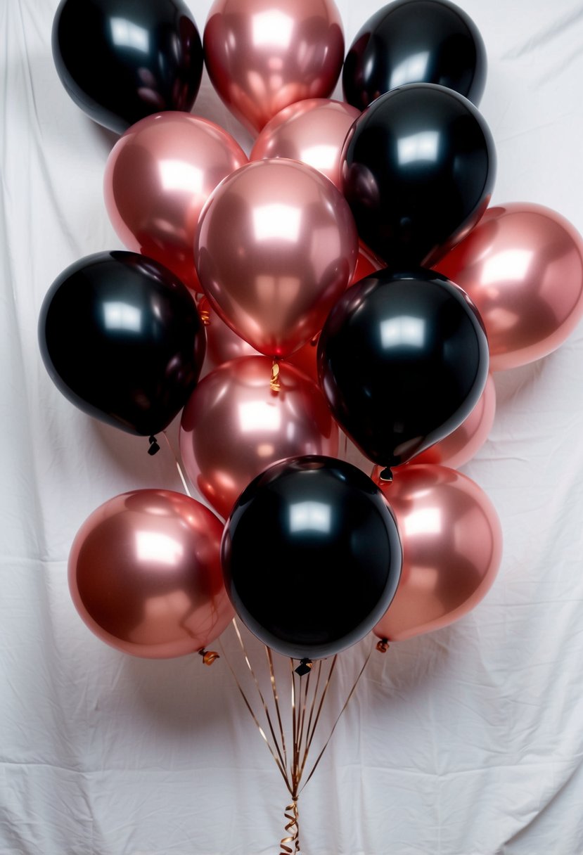 A cluster of black and rose gold balloons floating against a white backdrop