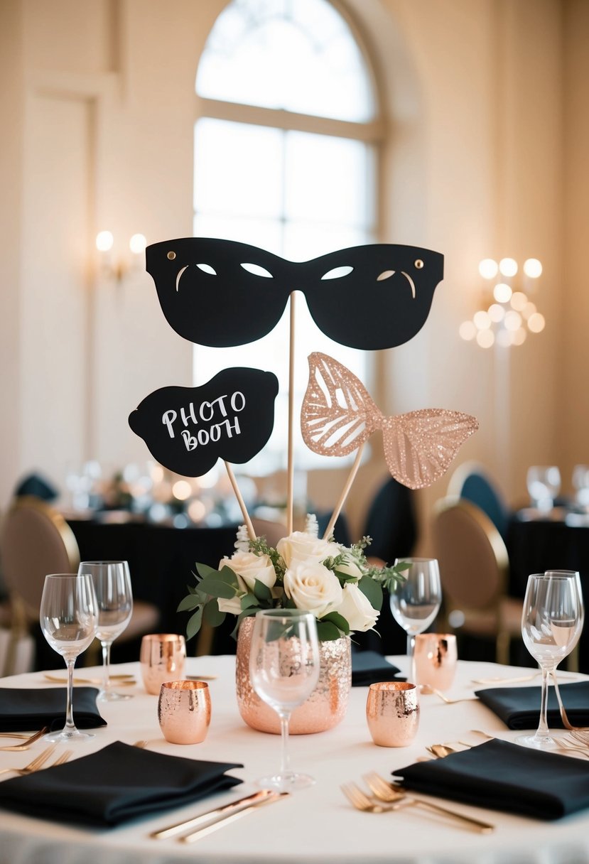 A table adorned with rose gold and black photo booth props for a wedding