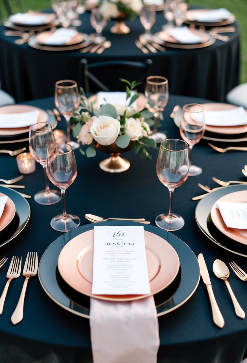 A black table set with rose gold accented plates, cutlery, and glassware, creating an elegant and stylish wedding color scheme