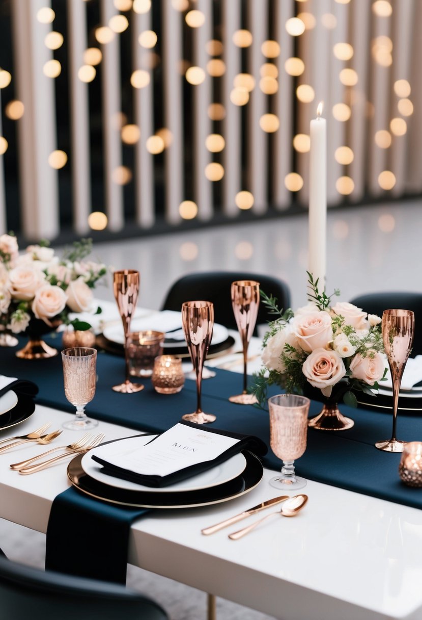 A black and rose gold wedding color palette with elegant rose gold bridal accessories arranged on a sleek, modern table