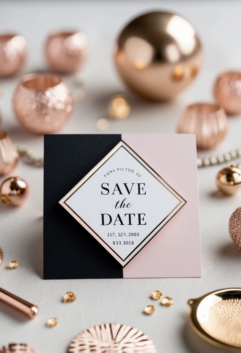 A black and rose gold Save the Date card surrounded by elegant rose gold wedding decor and accessories