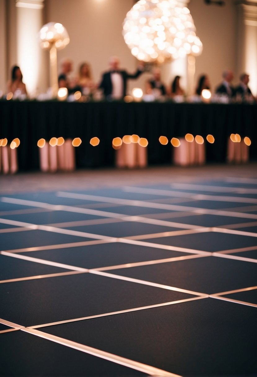 A sleek black dance floor with elegant rose gold accents