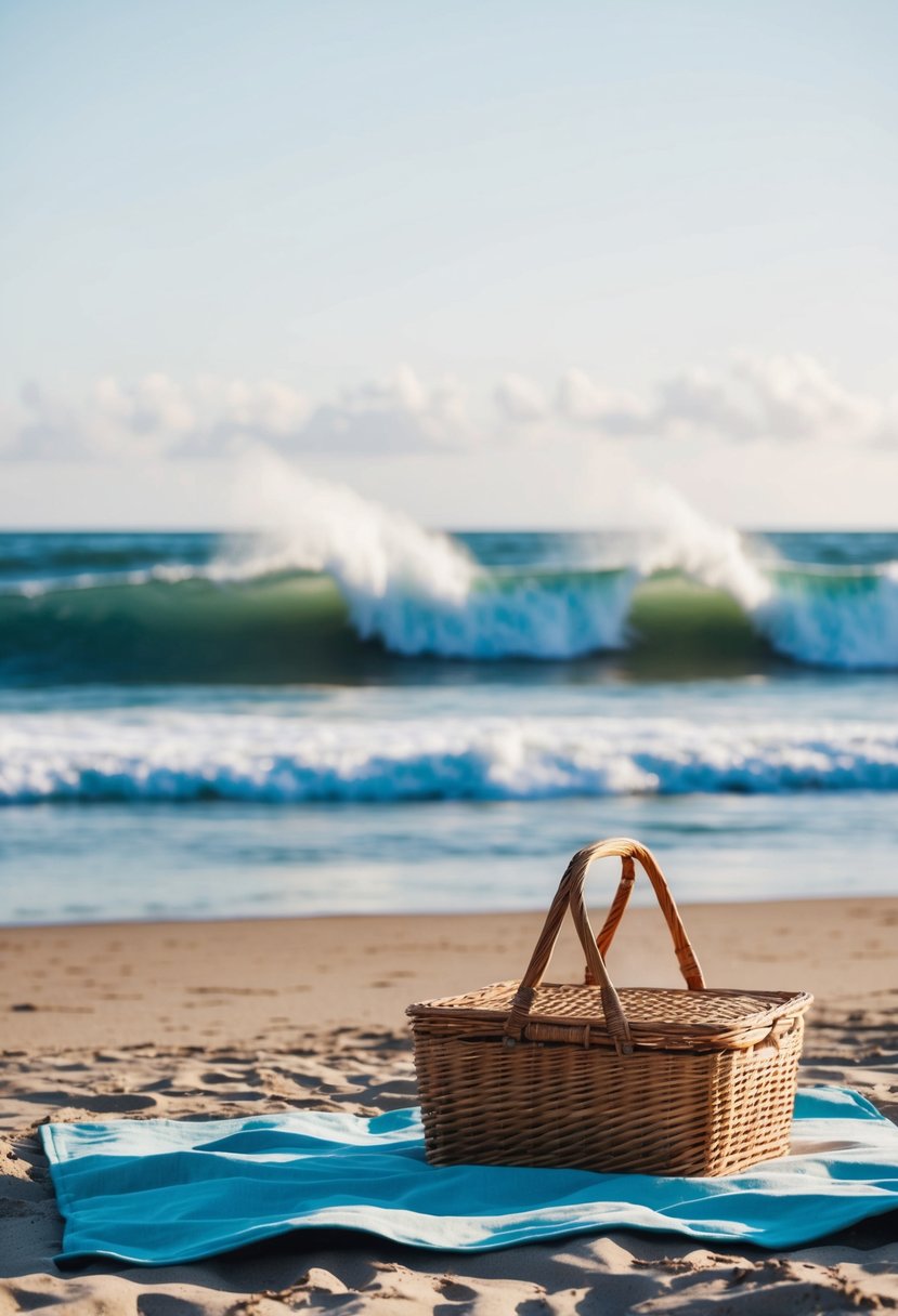 A picnic blanket and basket on a sandy shore with waves crashing in the background