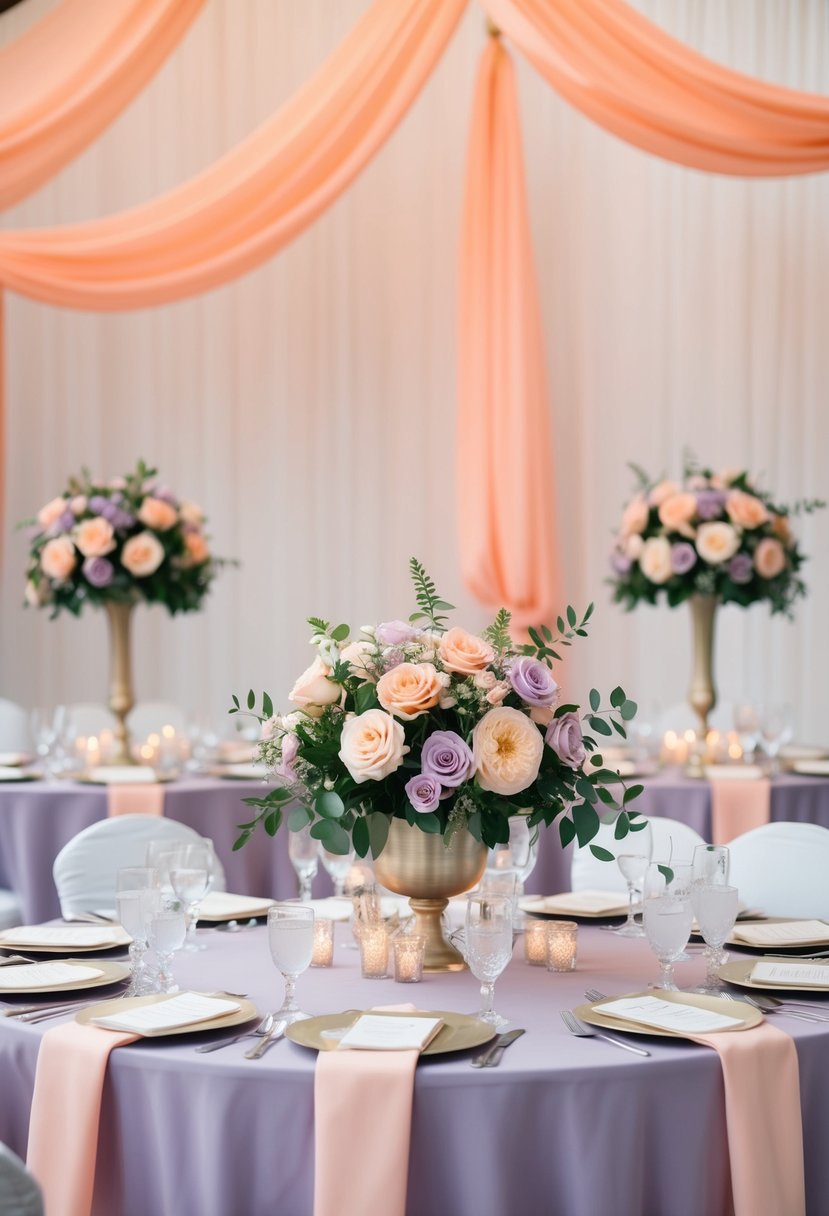 A peach and lilac wedding scene with floral centerpieces and draped fabric