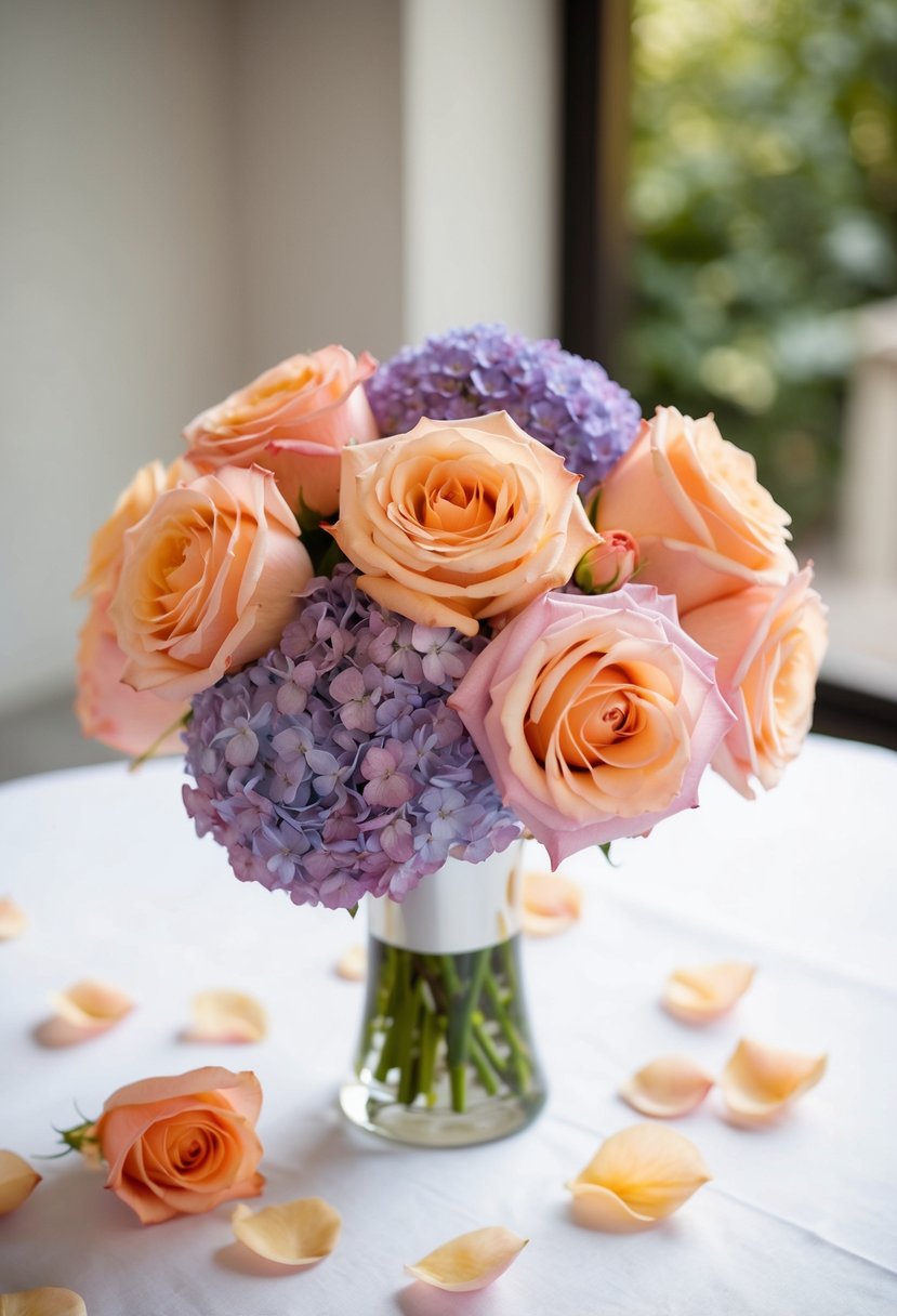 A vase filled with peach roses and lilac hydrangeas sits on a white tablecloth, surrounded by scattered petals