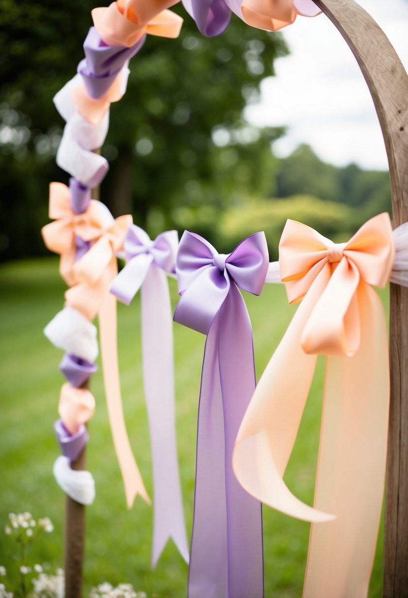 Peach and lilac ribbons adorn a wedding arch, fluttering in the breeze, adding a whimsical touch to the romantic setting