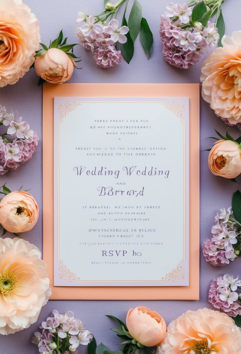 A wedding invitation with peach borders and lilac fonts, surrounded by delicate peach and lilac flowers