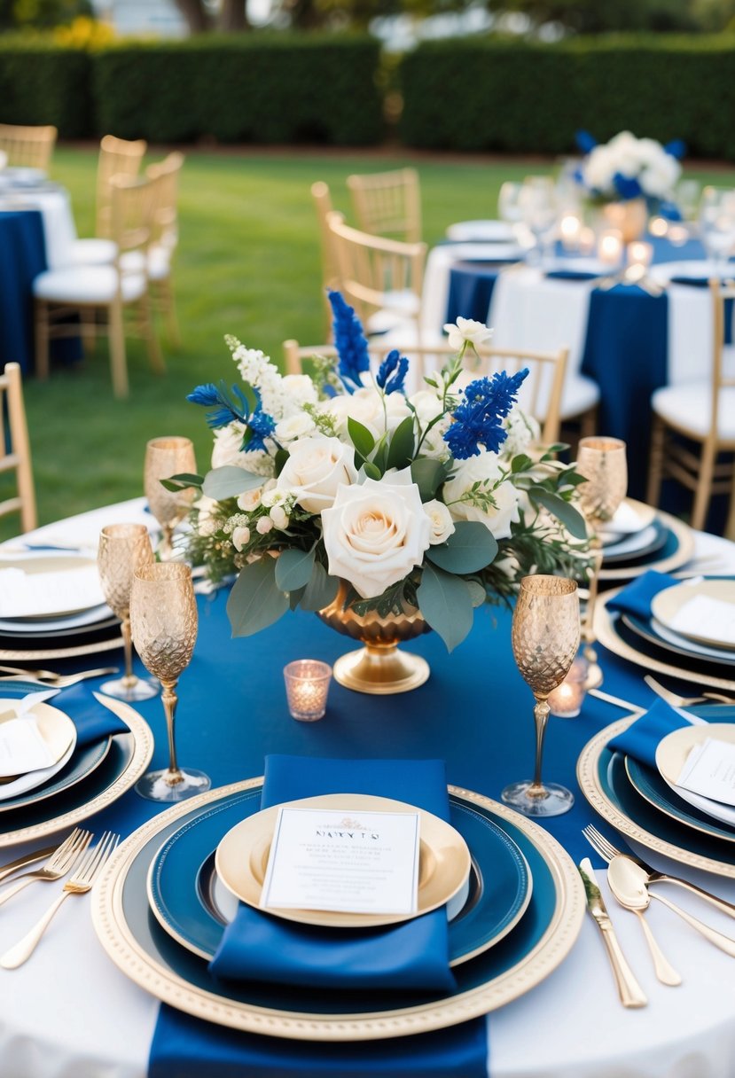 A navy blue and gold wedding color scheme with elegant table settings, floral arrangements, and decorative accents