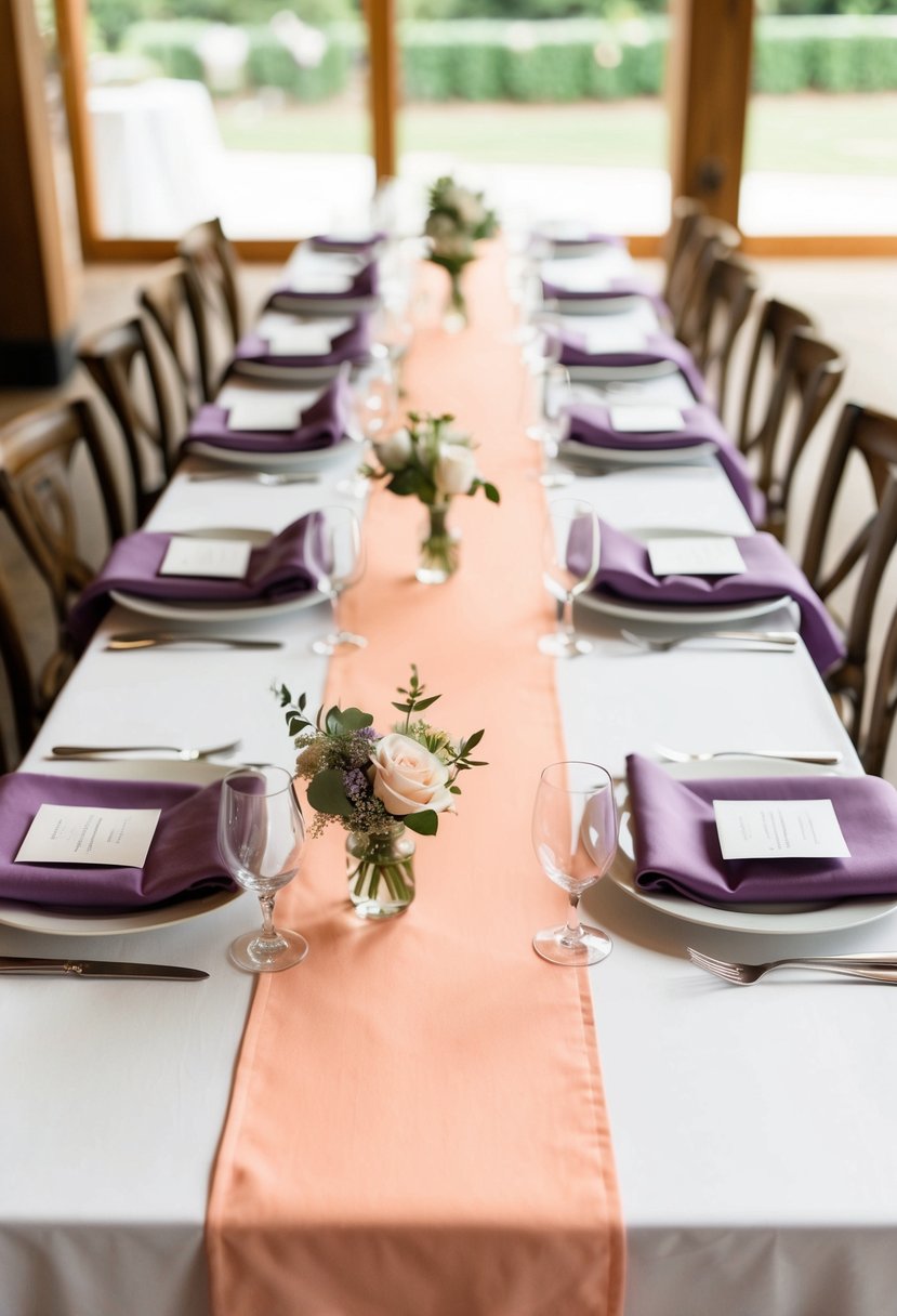 Peach table runners and lilac napkins arranged on a table for a wedding reception