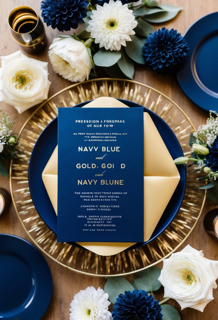 A navy blue and gold wedding invitation surrounded by coordinating decor and flowers