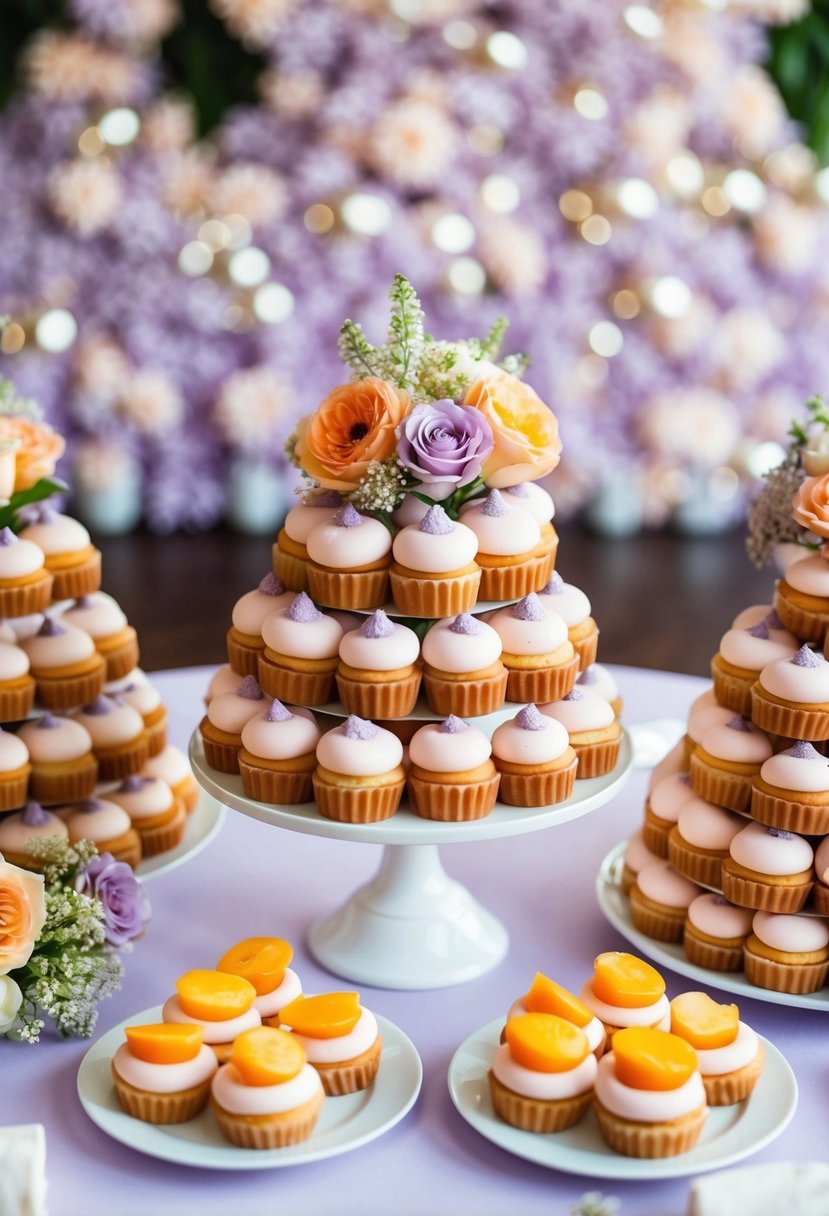 A dessert table adorned with peach and lilac pastries and flowers for a wedding celebration