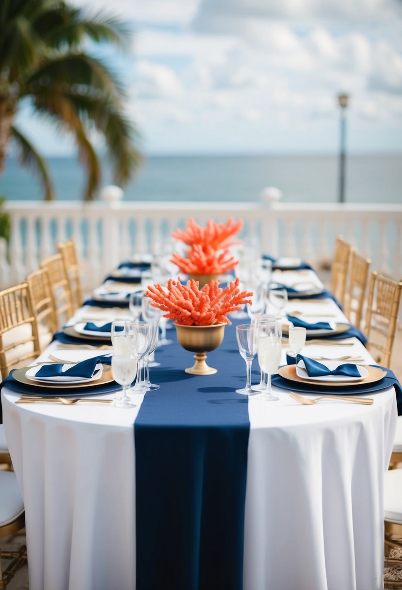 A navy blue and gold wedding table setting with coral accents