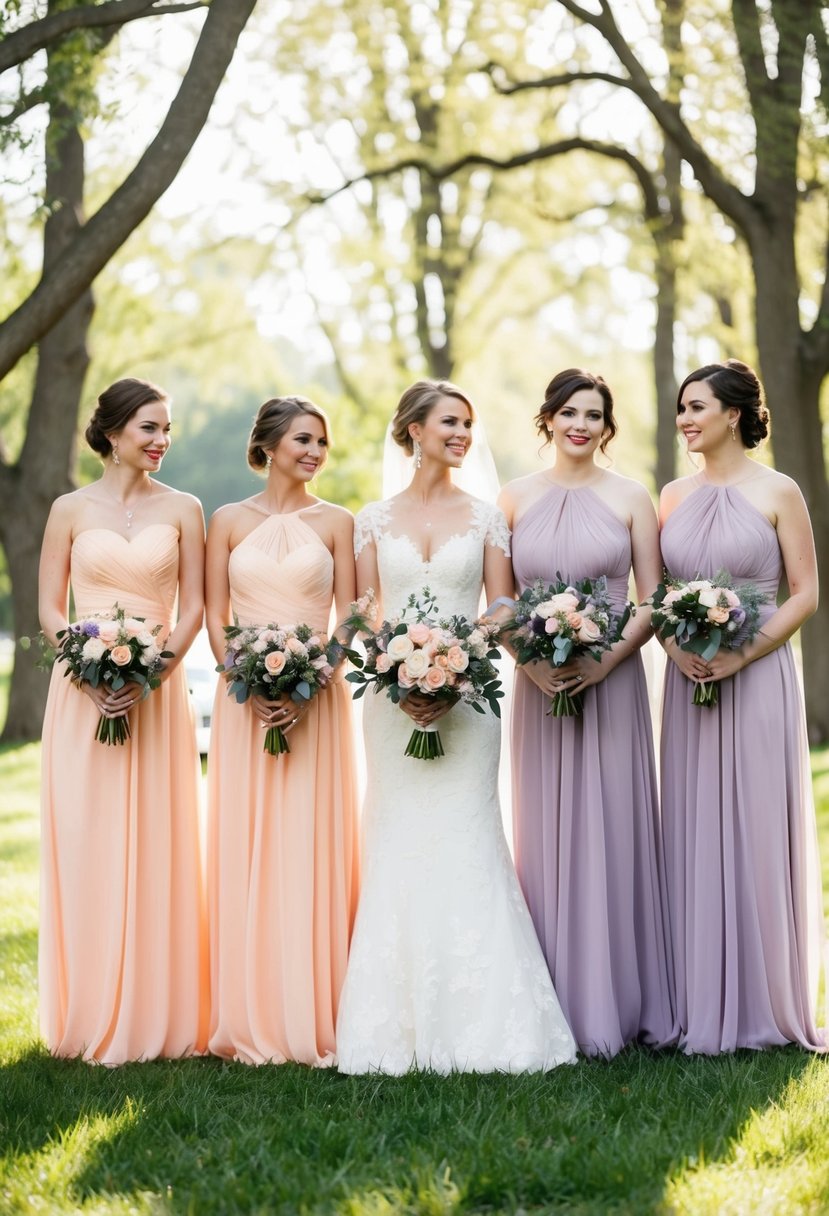 Bridesmaids in peach and lilac gowns stand in a line. Bouquets match their dresses. Sunlight filters through the trees