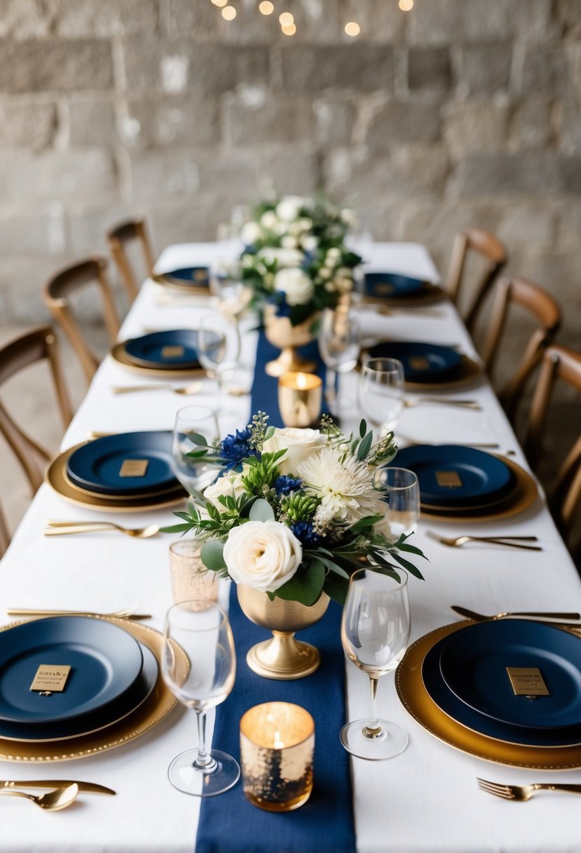 A rustic navy blue table setting with gold accents and floral centerpieces