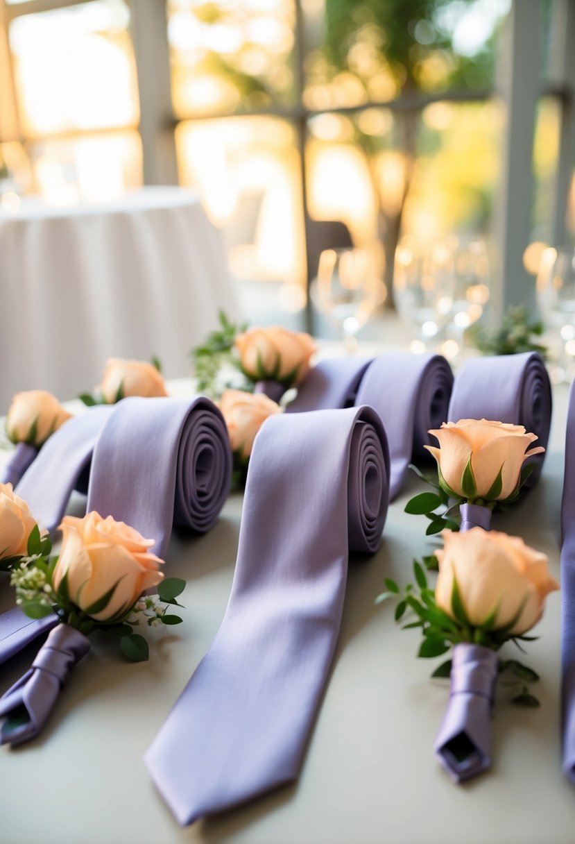 A group of lilac ties and peach boutonnieres arranged on a table