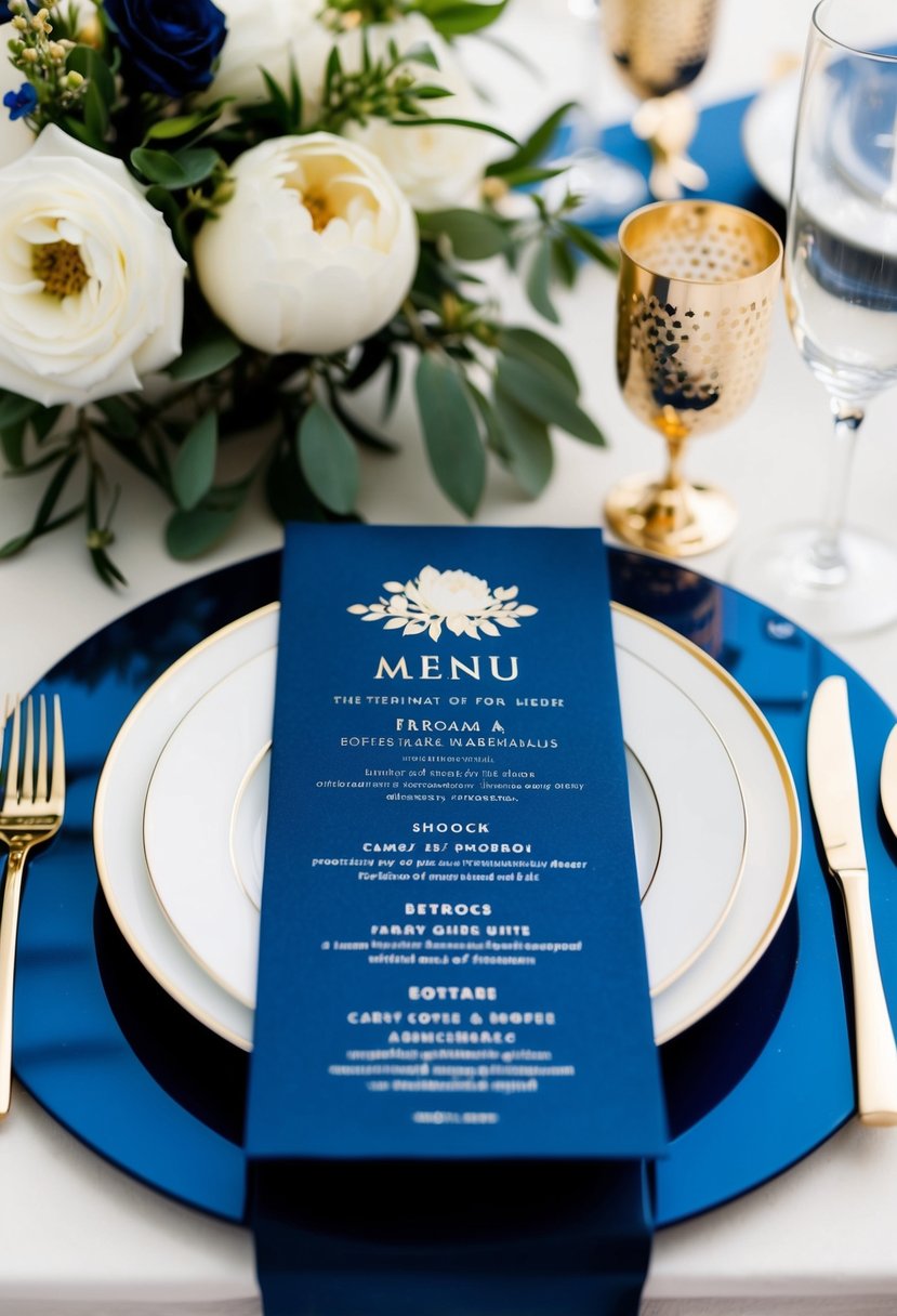 A navy blue and gold wedding menu card with elegant gold foil details