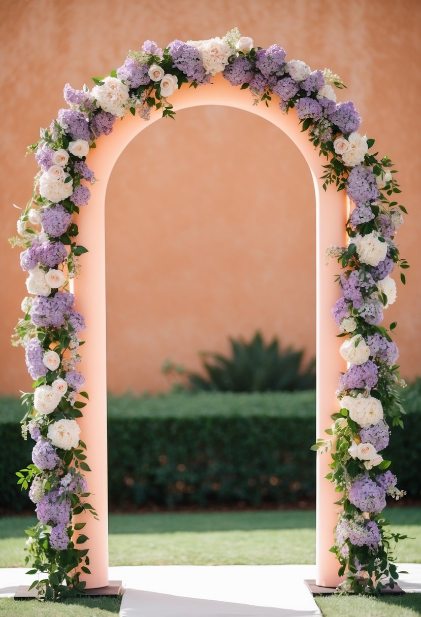 A peach wedding arch stands adorned with lilac flowers