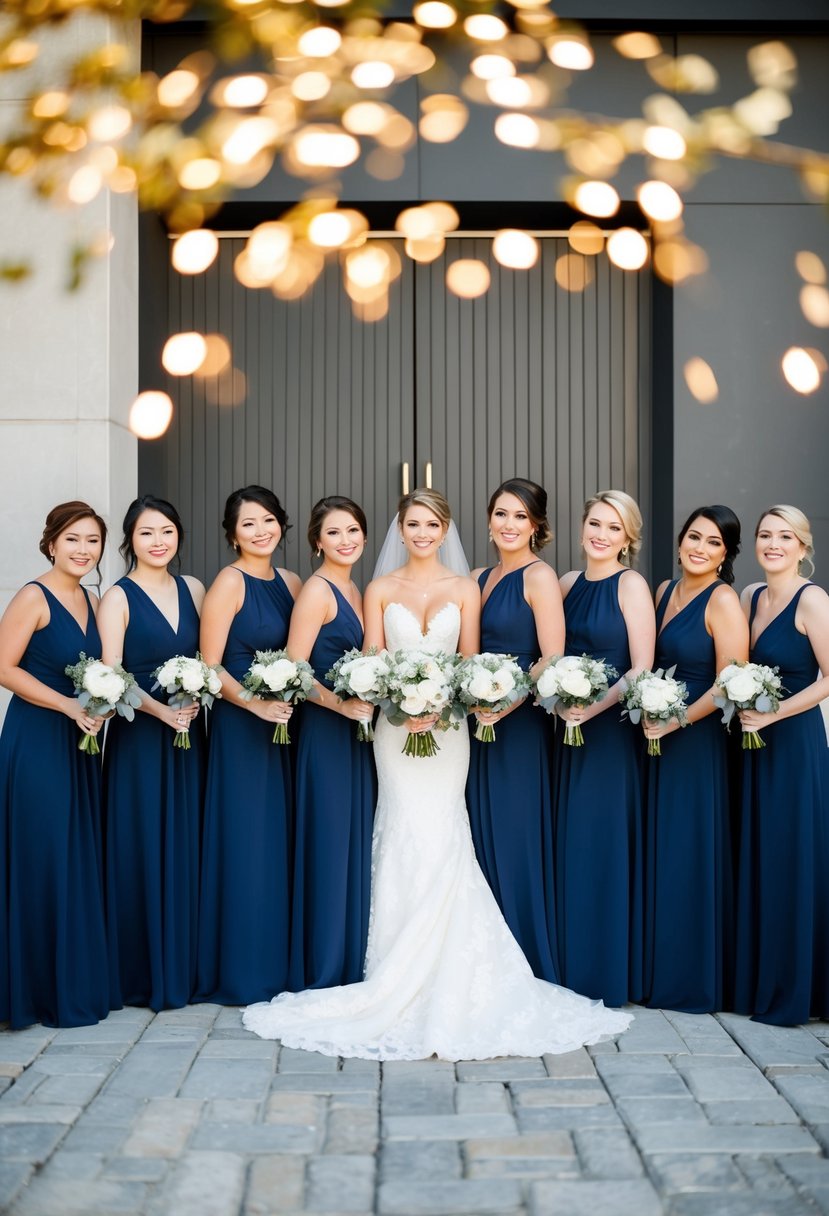 A group of navy bridesmaid dresses arranged with gold wedding decor