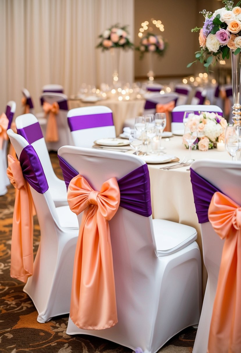 Reception chairs adorned with peach and lilac sashes, creating a romantic and elegant atmosphere for a wedding celebration