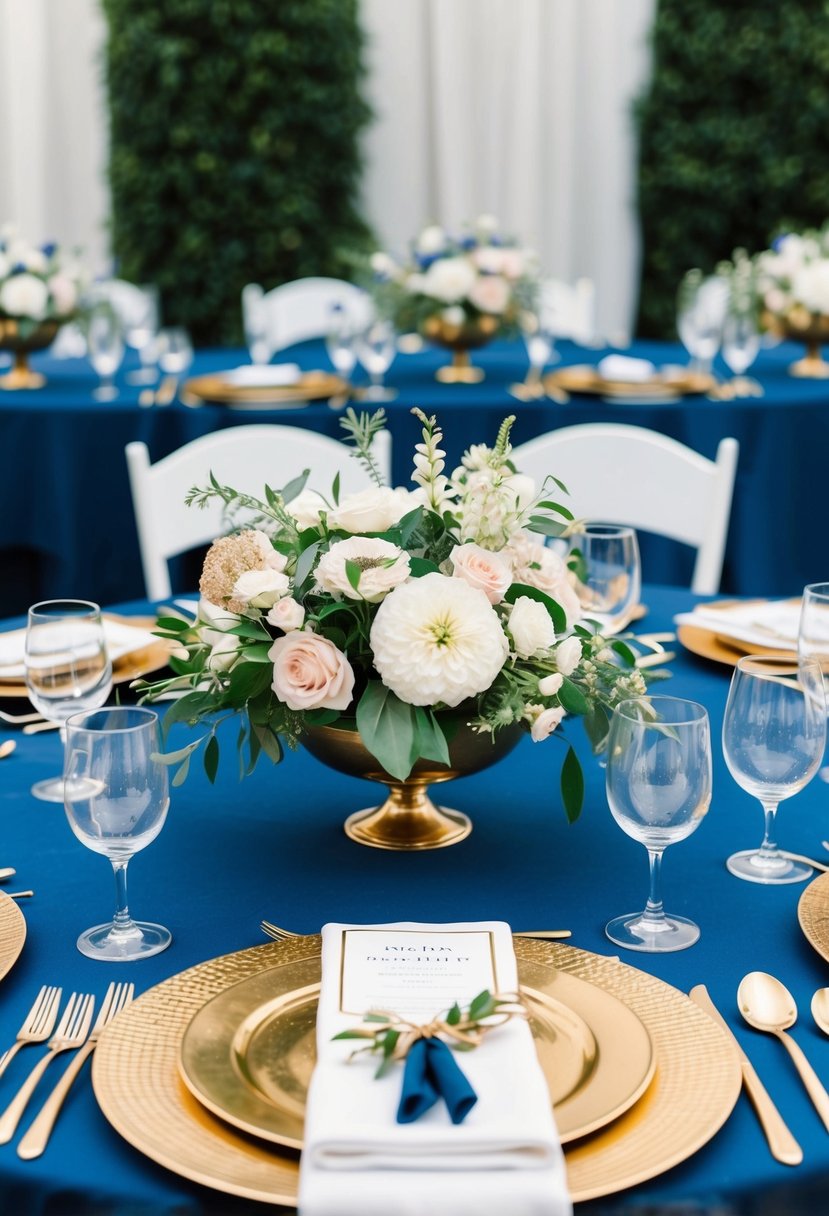 A navy blue table adorned with gold tableware and elegant floral centerpieces