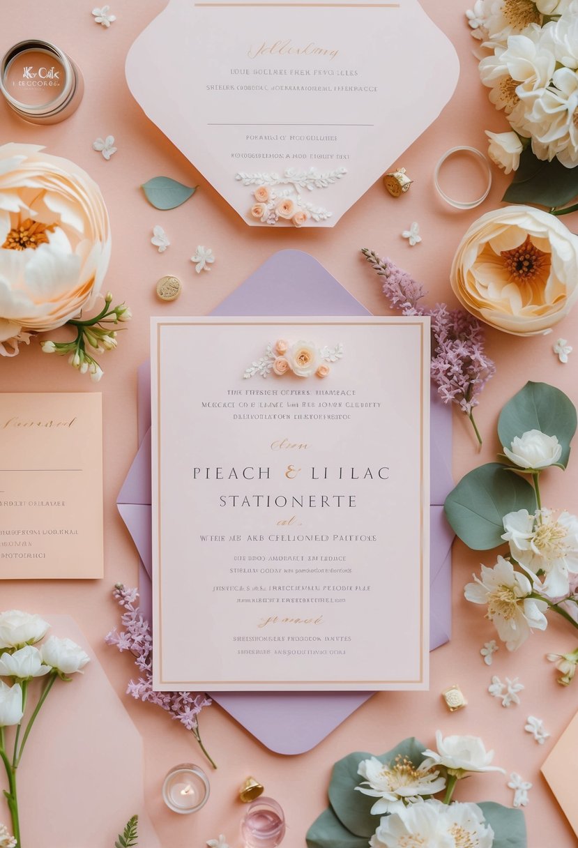 A peach and lilac color palette adorns elegant wedding stationery, with delicate floral details and soft, romantic accents