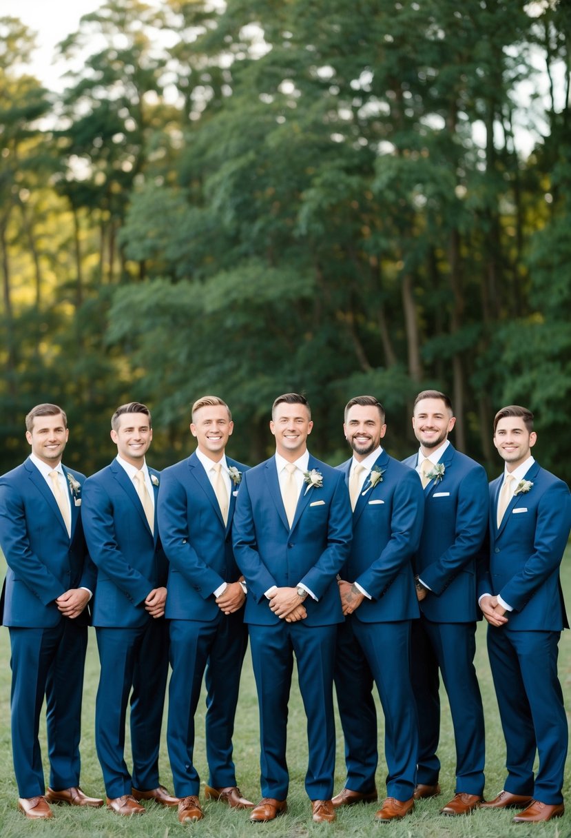 A group of navy blue-suited groomsmen standing together with accents of gold in their attire