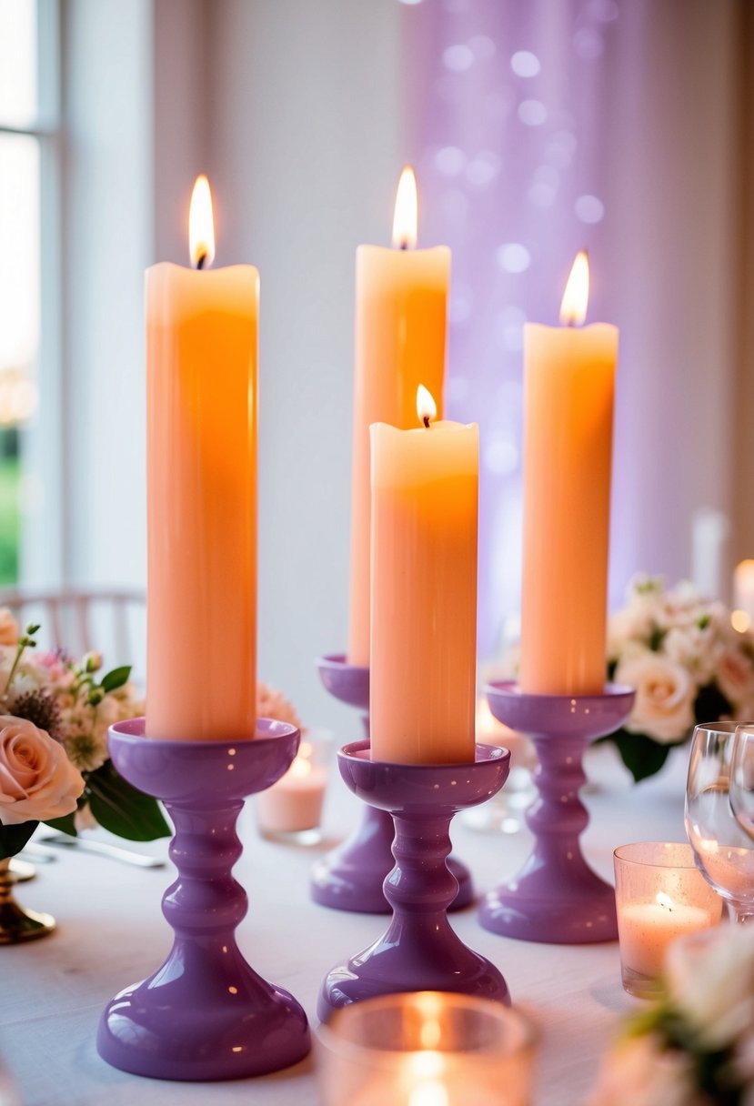 Peach candles in lilac holders illuminate a wedding table, creating a soft and romantic atmosphere