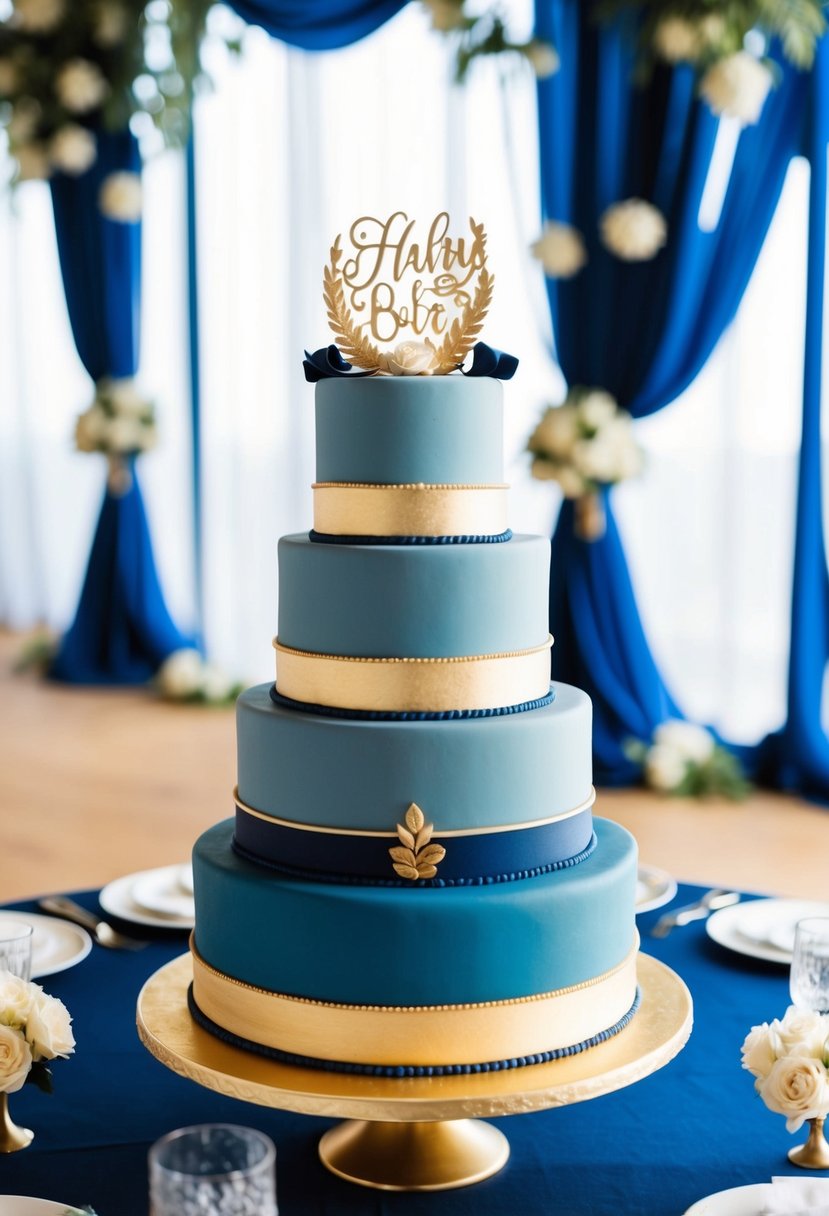 A three-tiered dusty blue and gold cake adorned with navy blue and gold accents, set against a backdrop of coordinating wedding decor