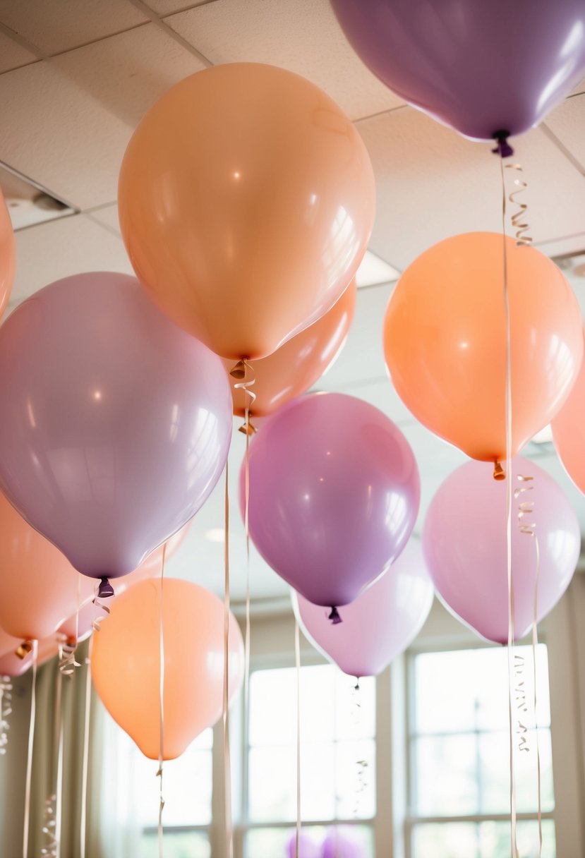 Balloons in soft peach and lilac shades fill the room, creating a romantic and elegant atmosphere for a wedding celebration