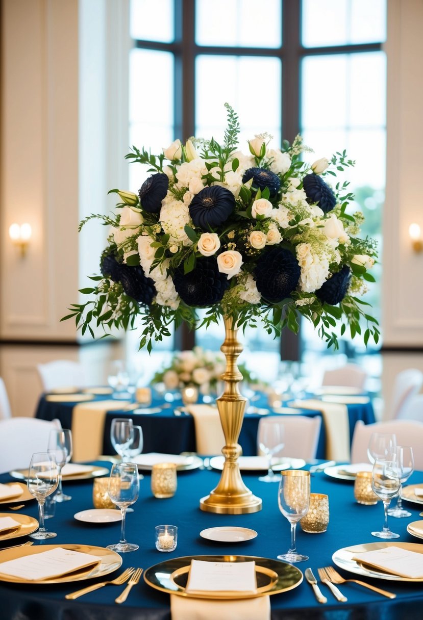 An elegant navy blue and gold centerpiece adorns a wedding table, radiating luxury and sophistication