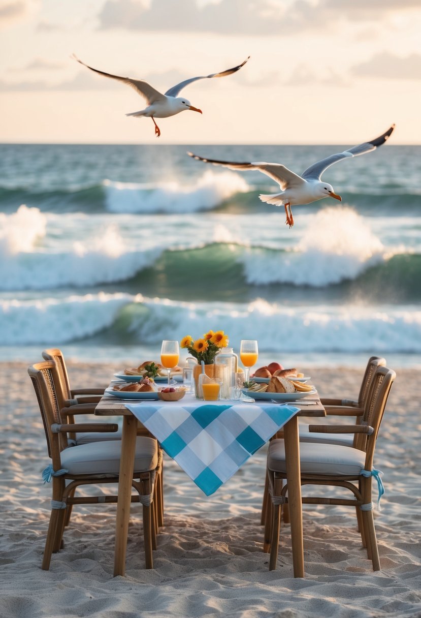 A table set with brunch items on a sandy beach, with waves crashing in the background and seagulls flying overhead