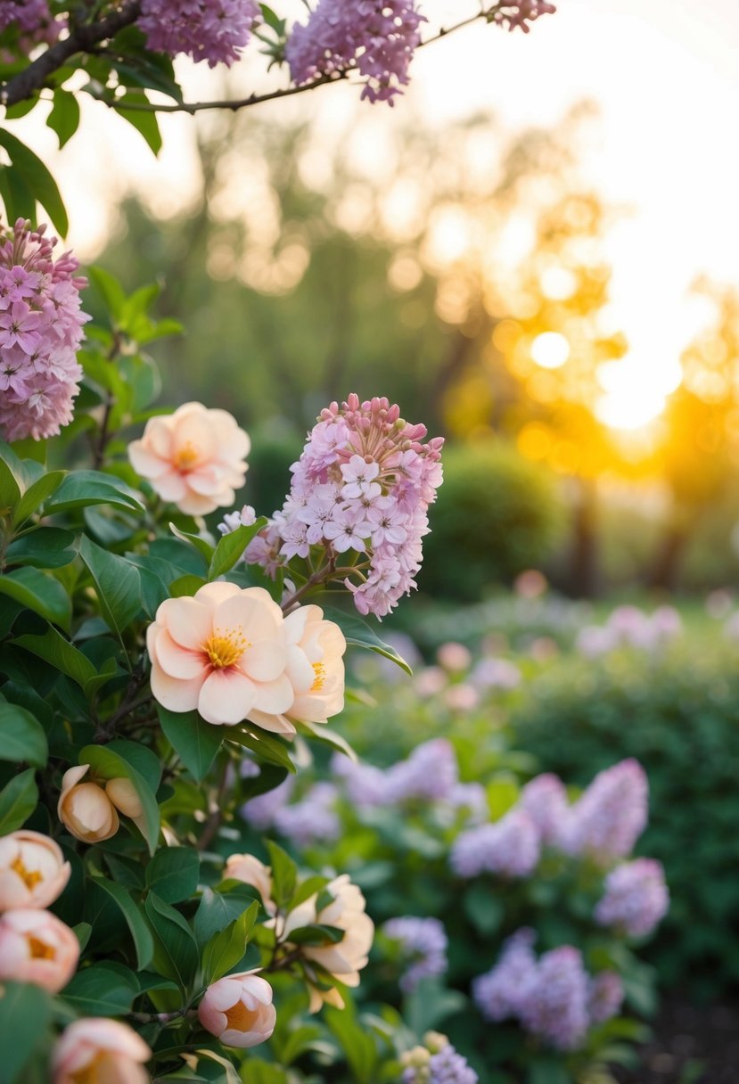 A serene garden with blooming peach and lilac flowers, framed by a soft sunset glow