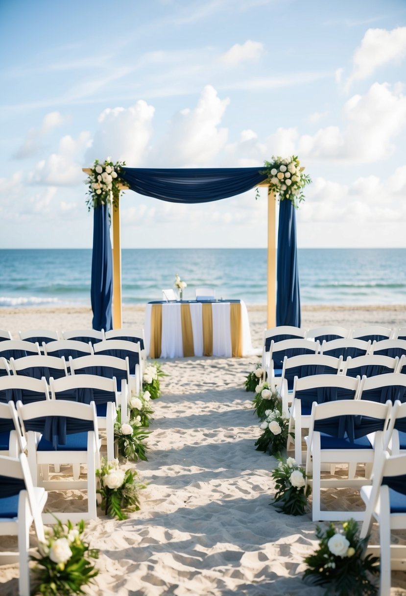 A beachside ceremony setup with navy blue and gold decor. White chairs arranged in rows facing the ocean, a navy blue and gold arch at the altar