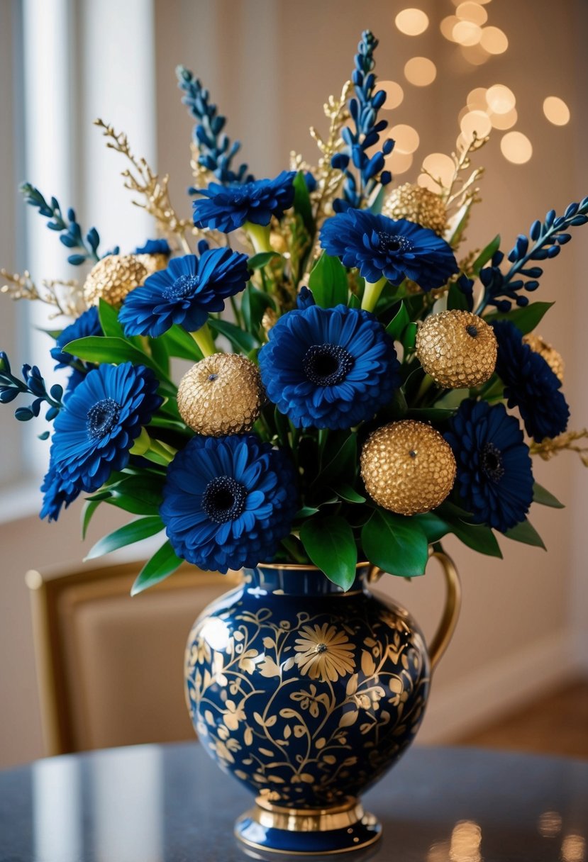 A bouquet of navy blue and gold flowers arranged in a decorative vase