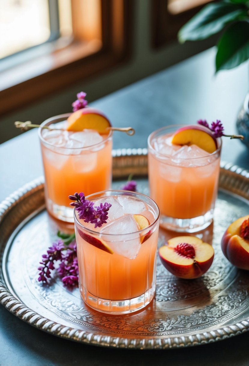 Peach cocktails with lilac garnish on a decorative tray