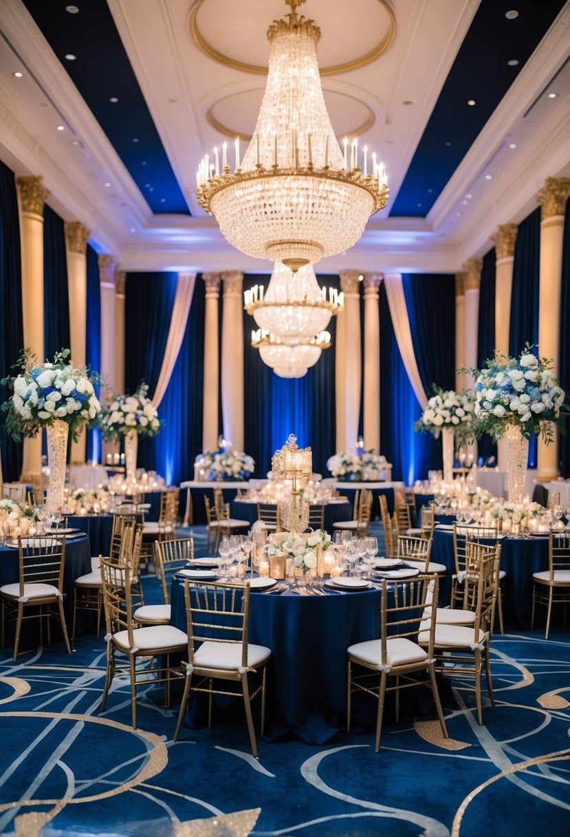 A grand ballroom adorned in navy blue and gold decor, with sparkling lights and opulent floral arrangements, sets the stage for an elegant New Year's themed wedding