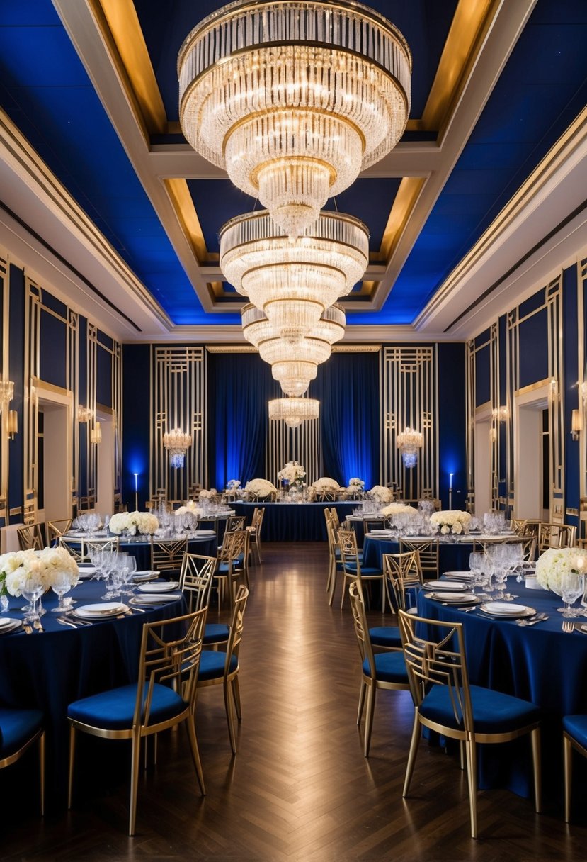 A grand Art Deco ballroom adorned in navy blue and gold decor, with geometric patterns, sleek lines, and opulent chandeliers