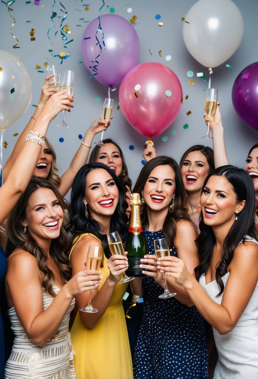 A group of women celebrating with balloons, confetti, and champagne at a bachelorette party