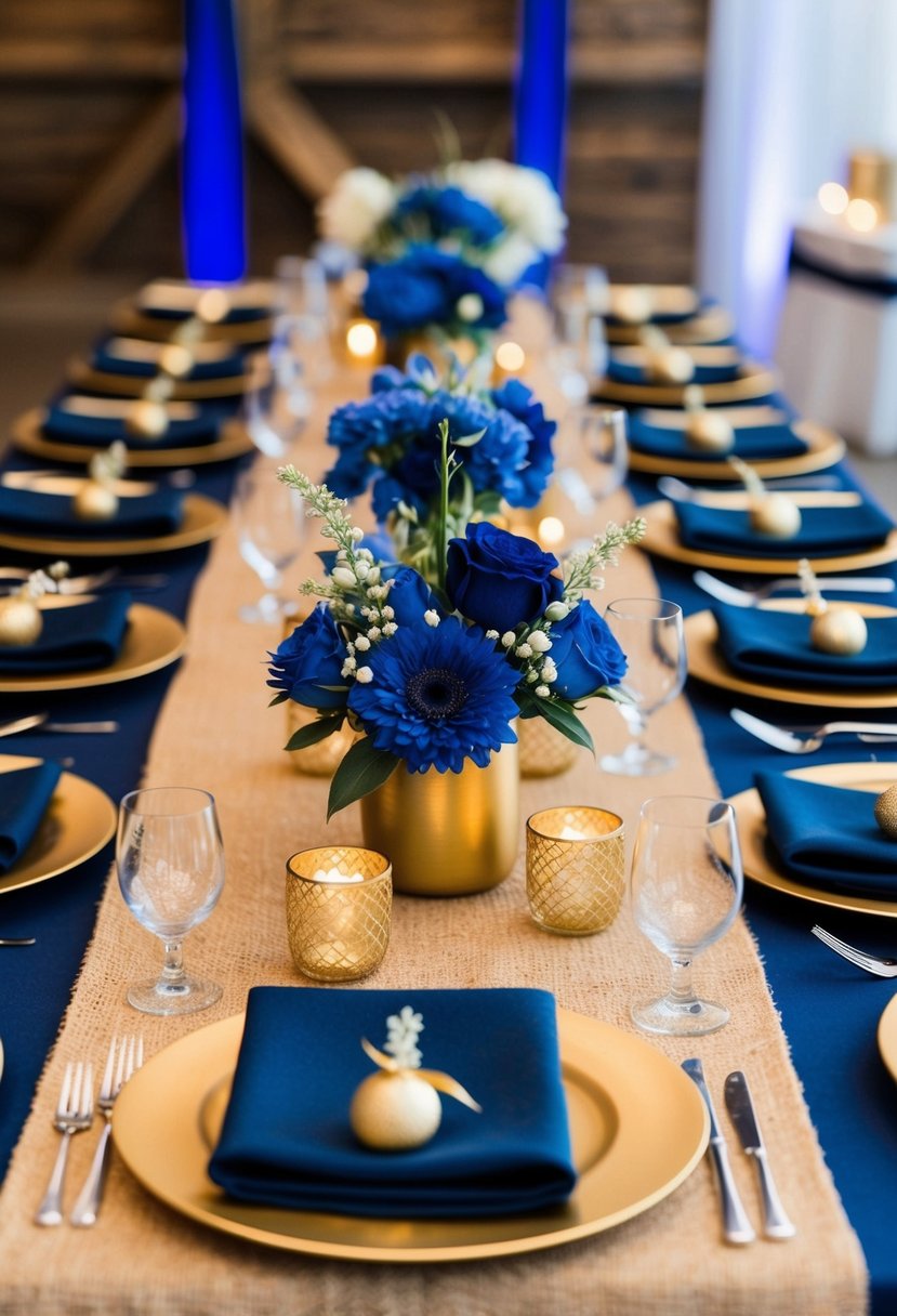 A navy blue and gold rustic-themed wedding decor with burlap table runners, golden candle holders, and blue floral centerpieces