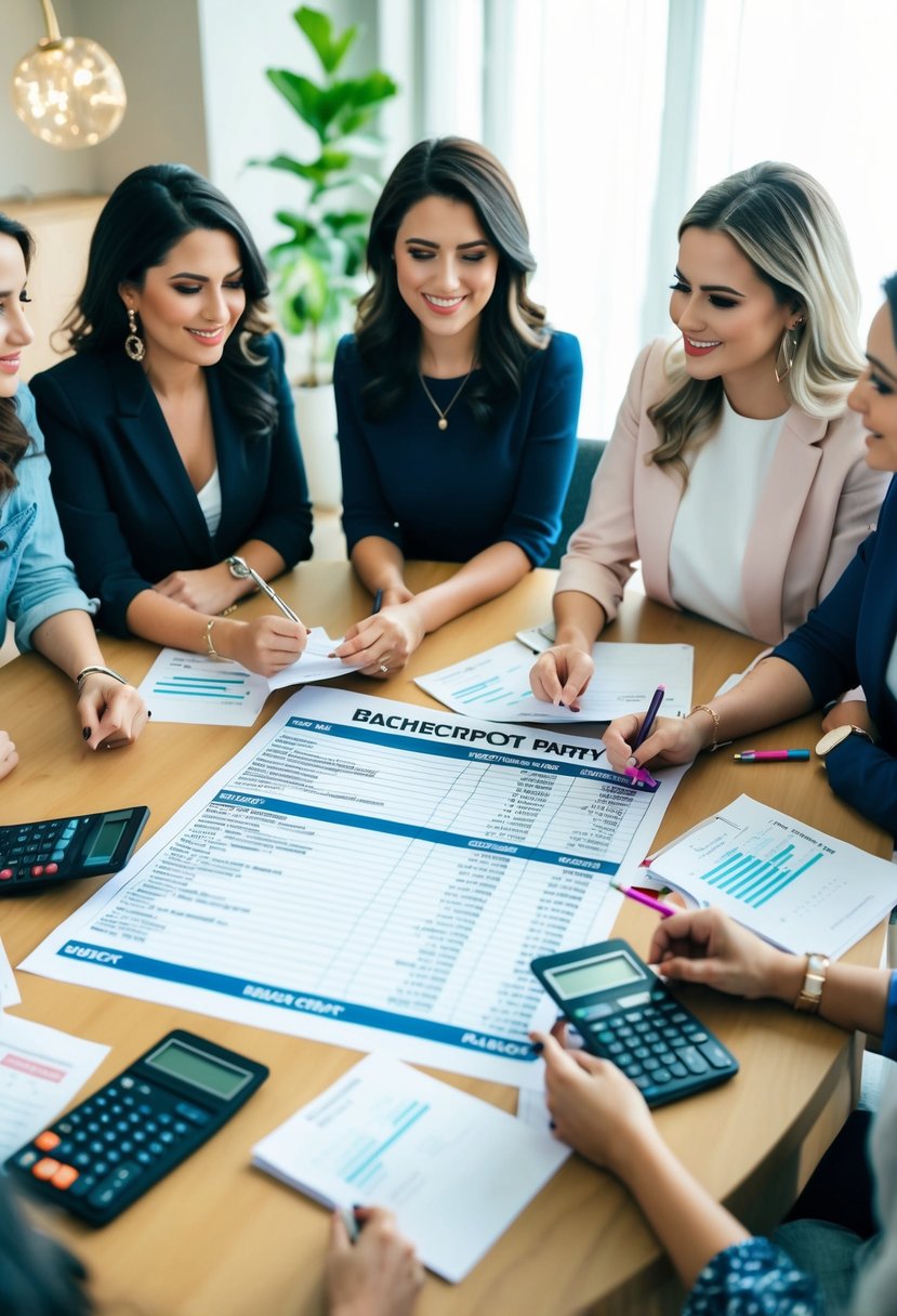 A group of women sit around a table with a budget spreadsheet, discussing and planning for a bachelorette party. Notes and calculators are scattered around