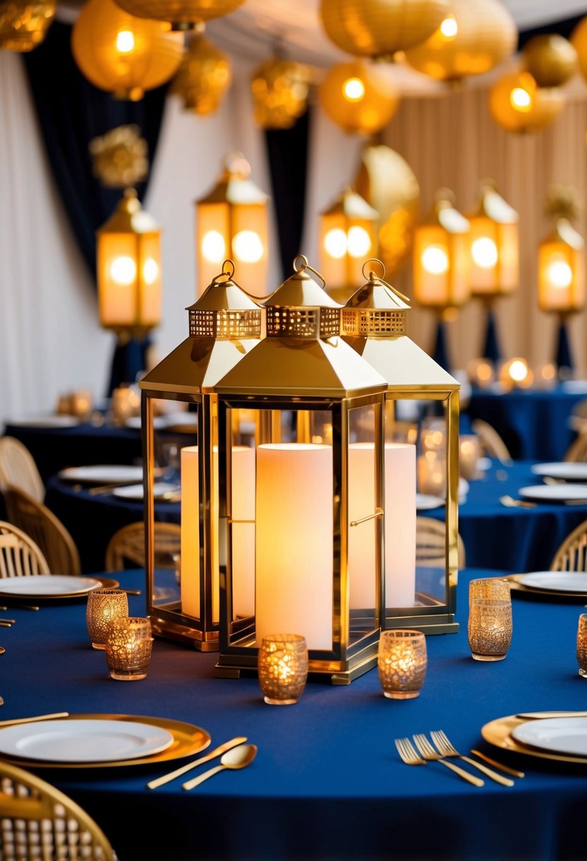 Golden lanterns casting warm light on navy blue tablecloths, surrounded by accents of gold and navy decor