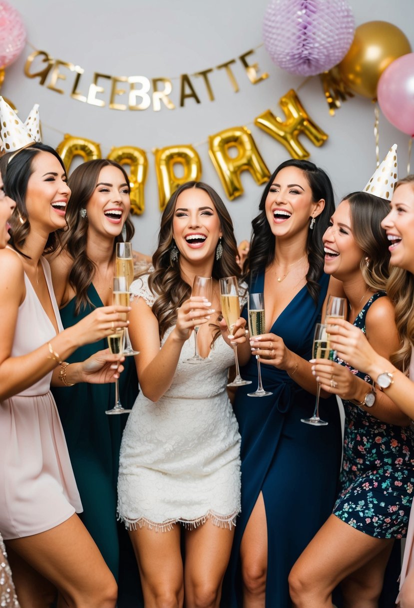 A group of women celebrating a bride at a bachelorette party, with champagne, decorations, and laughter