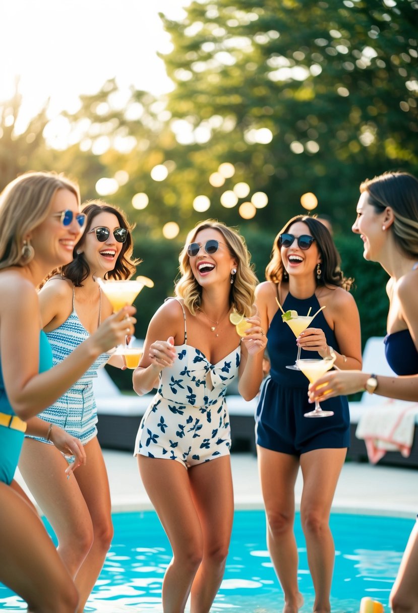 A group of women laughing and dancing around a pool, sipping cocktails and playing games in the sun