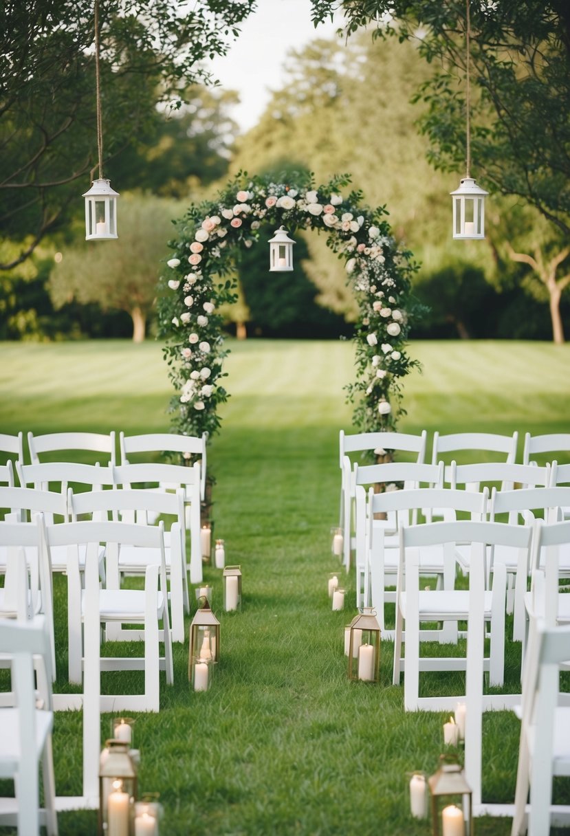 A garden wedding with white wooden chairs arranged in a semi-circle around a floral arch, with lanterns hanging from the trees and a soft, grassy aisle