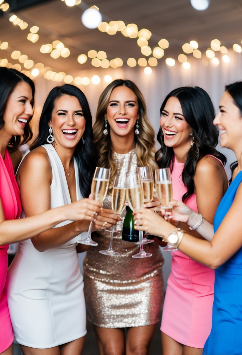 A group of women in matching outfits, laughing and toasting with champagne at a bachelorette party