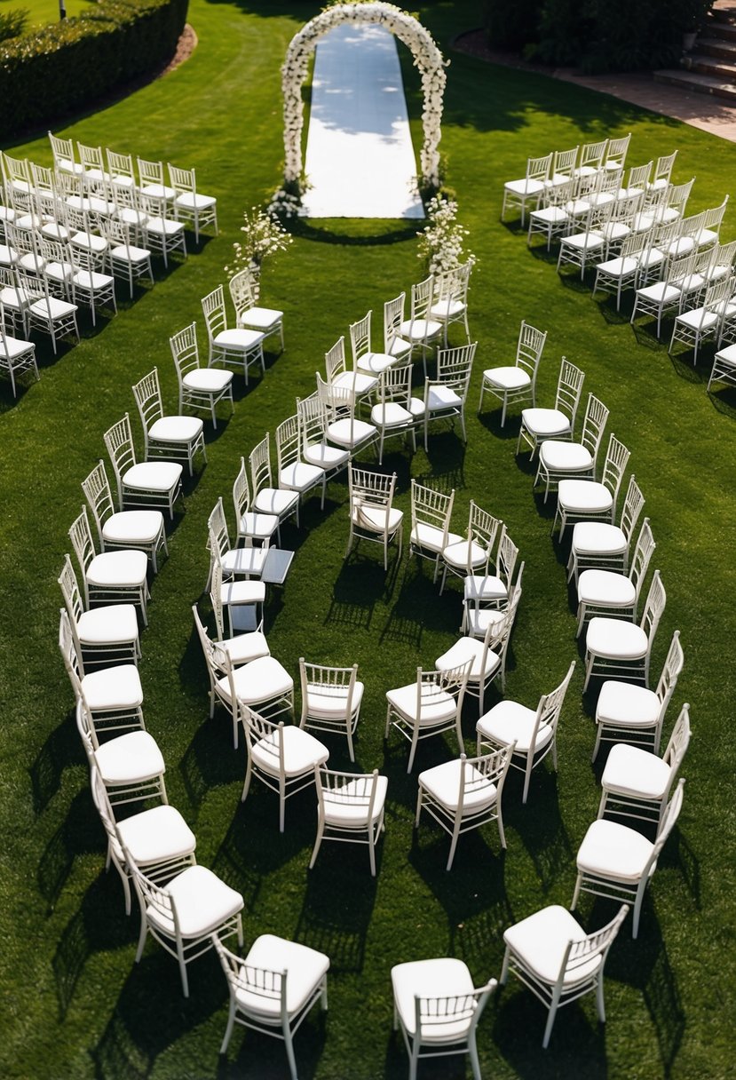 A spiral arrangement of chairs on a grassy outdoor wedding venue, with a central aisle leading to a decorative archway