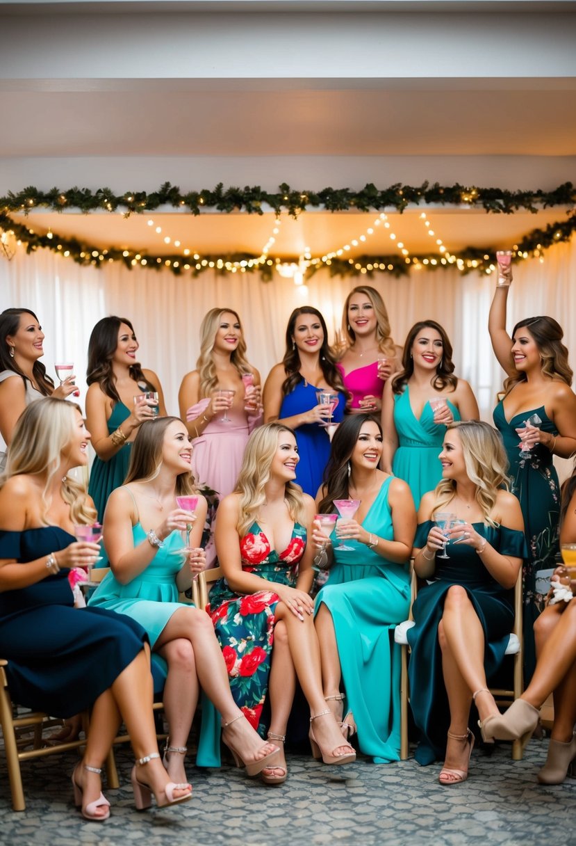 A group of women at a bachelorette party set up a backup indoor venue with festive decorations and seating in case of bad weather