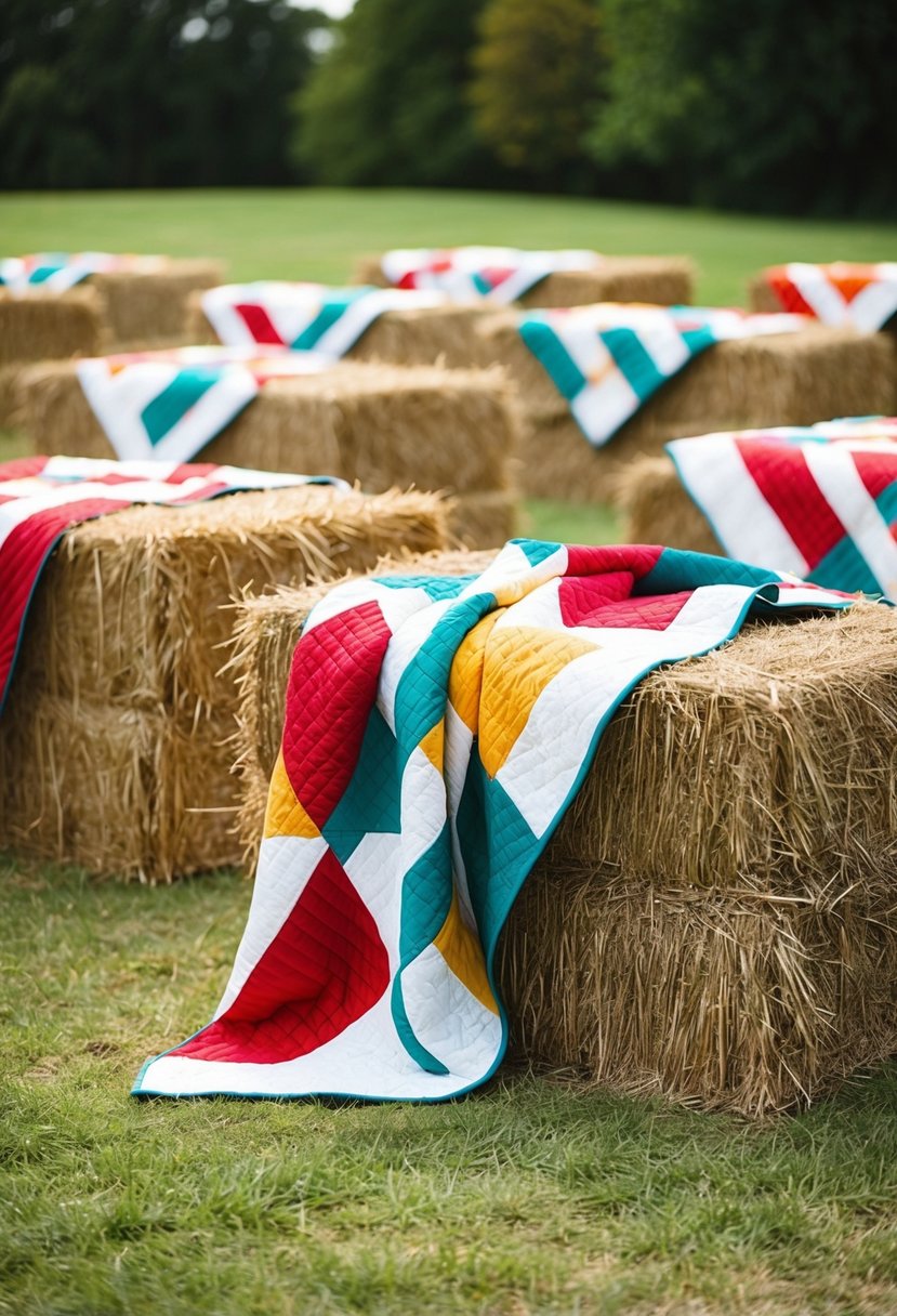 Colorful quilts draped over hay bales create cozy outdoor wedding seating