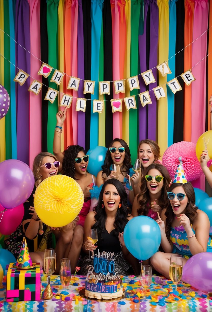 Colorful party decorations surround a playlist of upbeat and nostalgic tunes, setting the mood for a lively bachelorette celebration