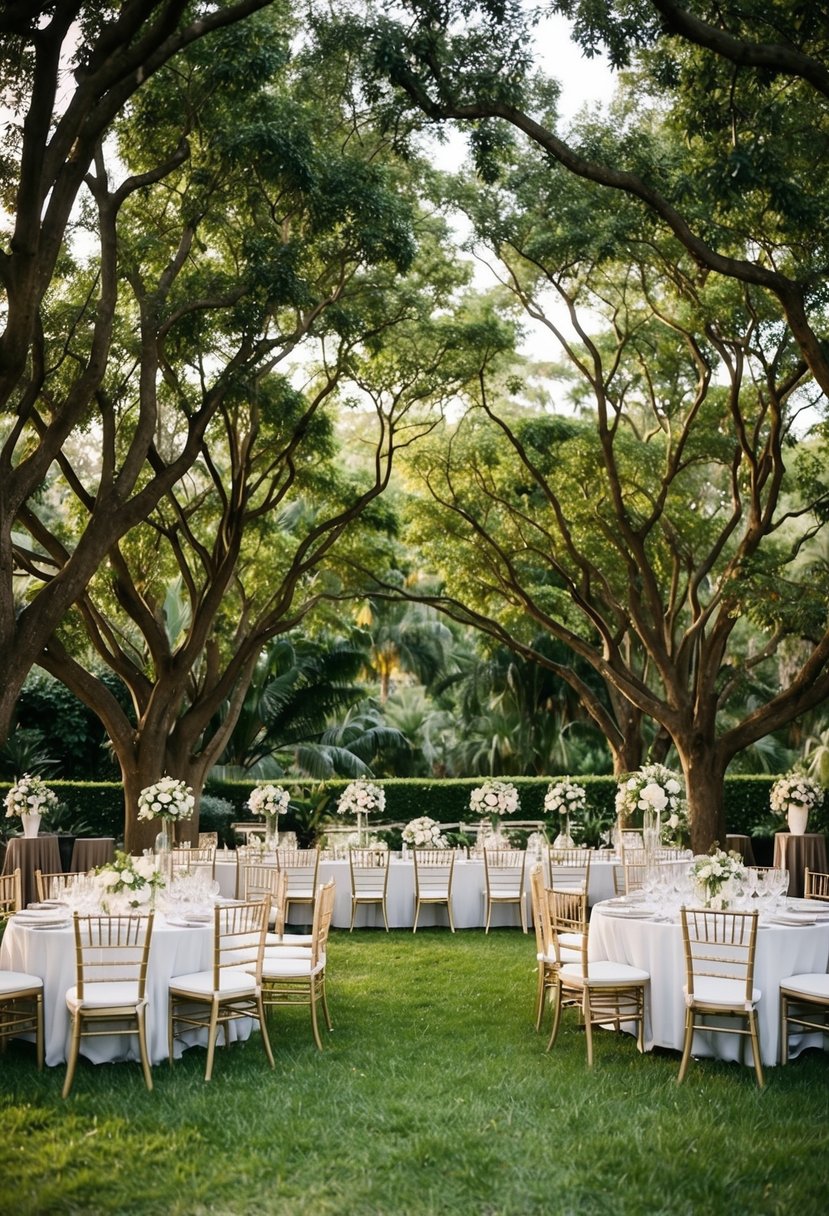 Circular seating around trees in a lush outdoor setting, with elegant chairs and tables arranged for a wedding celebration